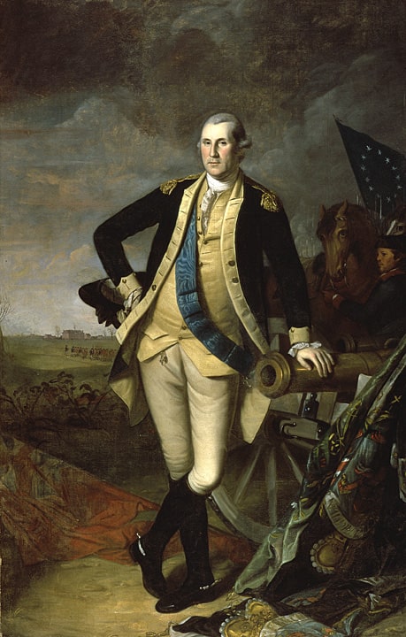 Washington at Princeton, full body portrait showing him standing up, resting against his hand on a cannon.