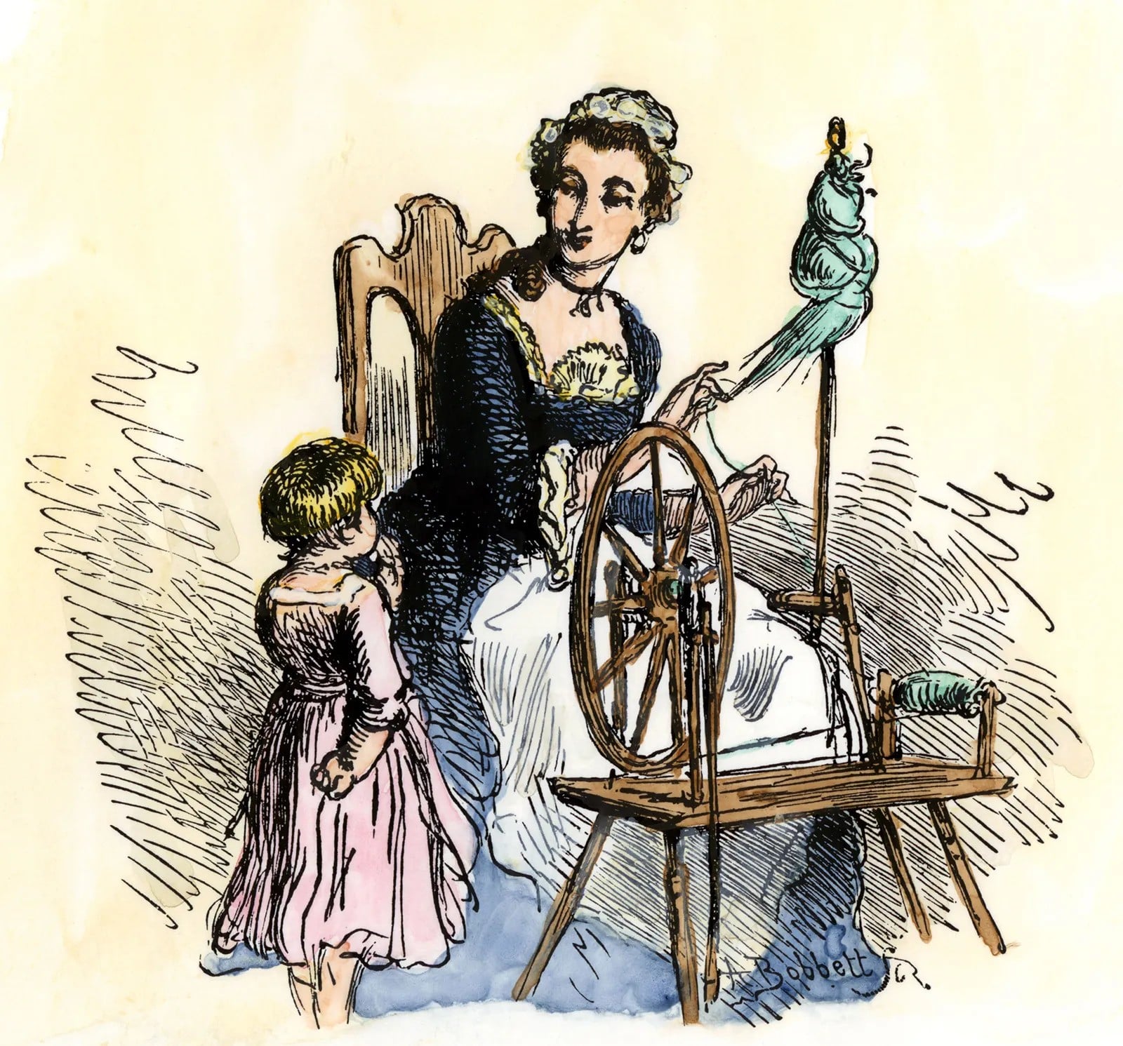 Woman spinning garments with her daughter watching on.