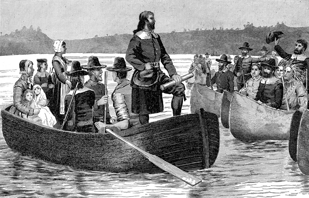 Roger Williams returning by boat to Rhode Island after securing a Royal Charter.