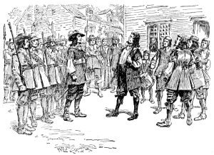 Standoff between Nathaniel Bacon and William Berkeley in Jamestown.