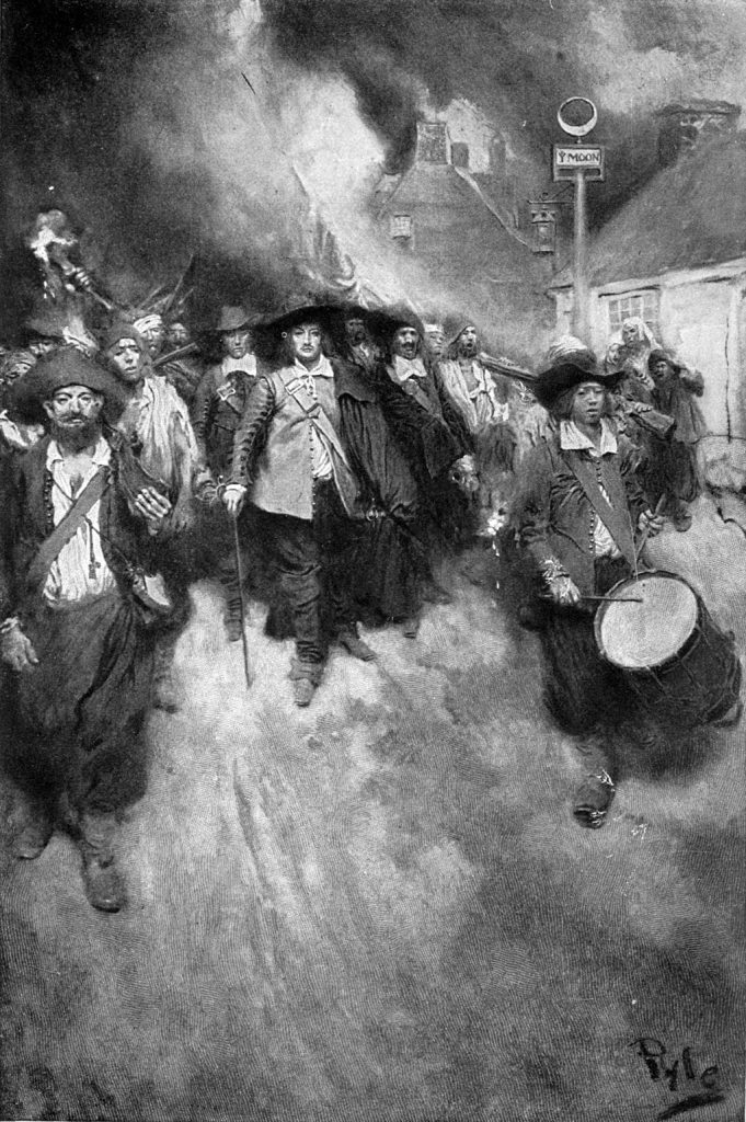 A depiction of Nathaniel Bacon leading the burning of Jamestown.