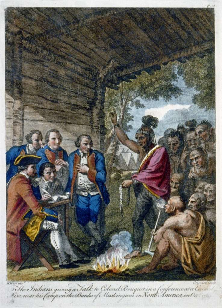 Native Americans in discussion with Colonel Bouquet, a Swiss mercenary who helped the British forces, in 1764.